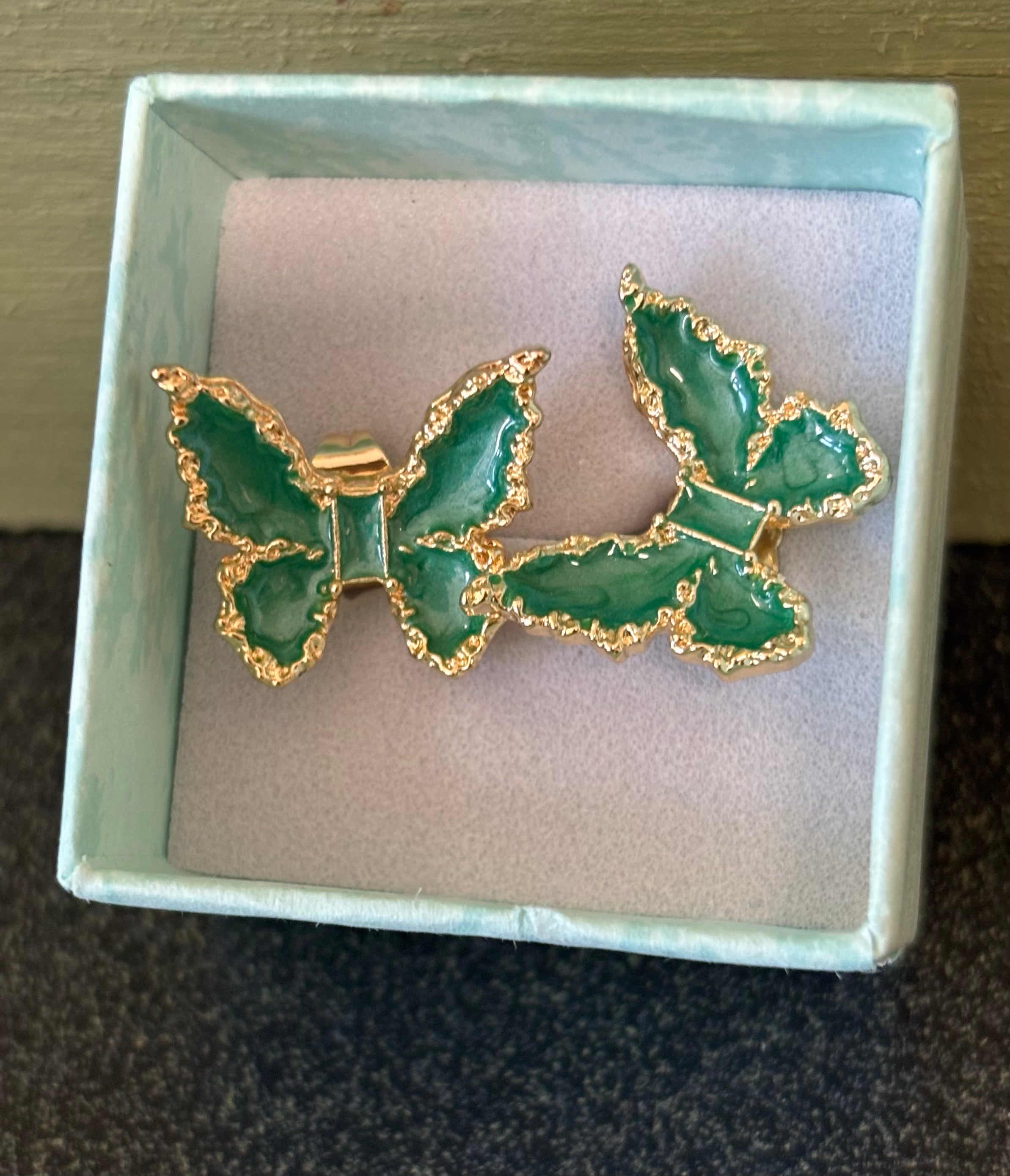 Green and gold butterfly earrings